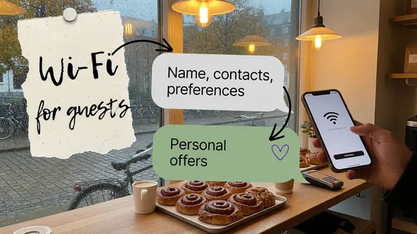 Guest Wi-Fi in a rainy Copenhagen bakery: name, contacts and preferences turn into personal offers