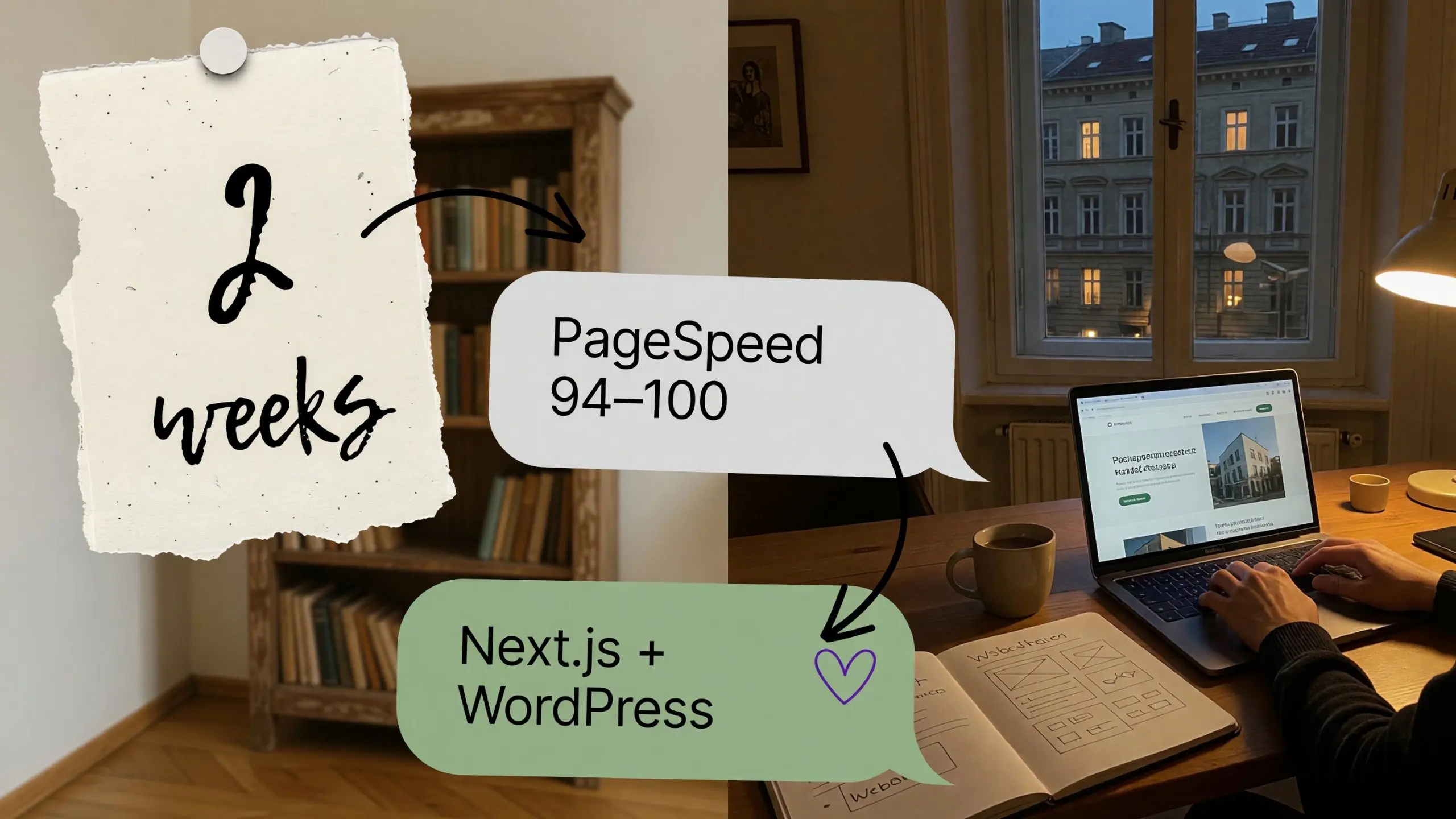 Personal website built in 2 weeks: PageSpeed 94–100 with Next.js and WordPress