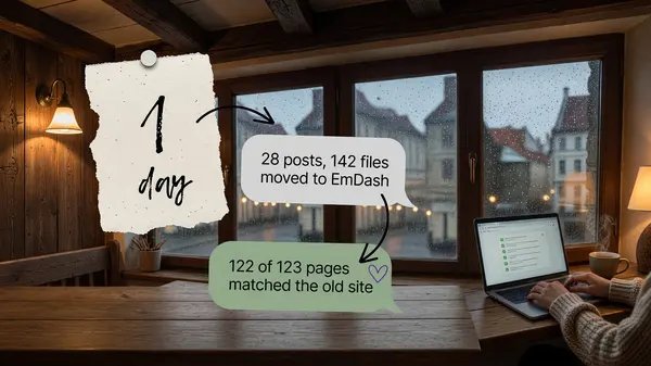 Rainy Tallinn café, hands on a laptop with a checklist; a paper note “1 day” and chat bubbles: 28 posts, 142 files moved to EmDash; 122 of 123 pages matched the old site